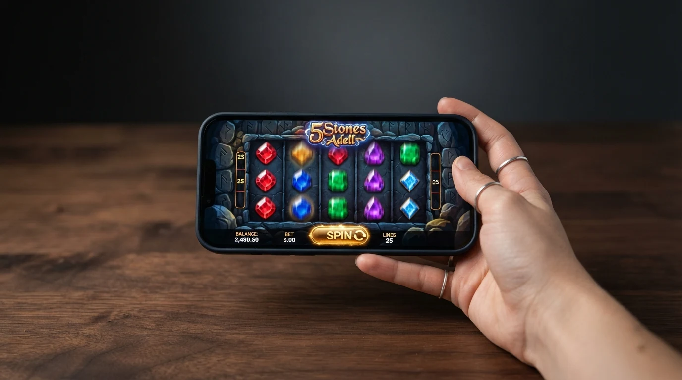 Hrací plocha automatu 5 Stones s pěti válci, 25 výherními liniemi a kamennou tematikou