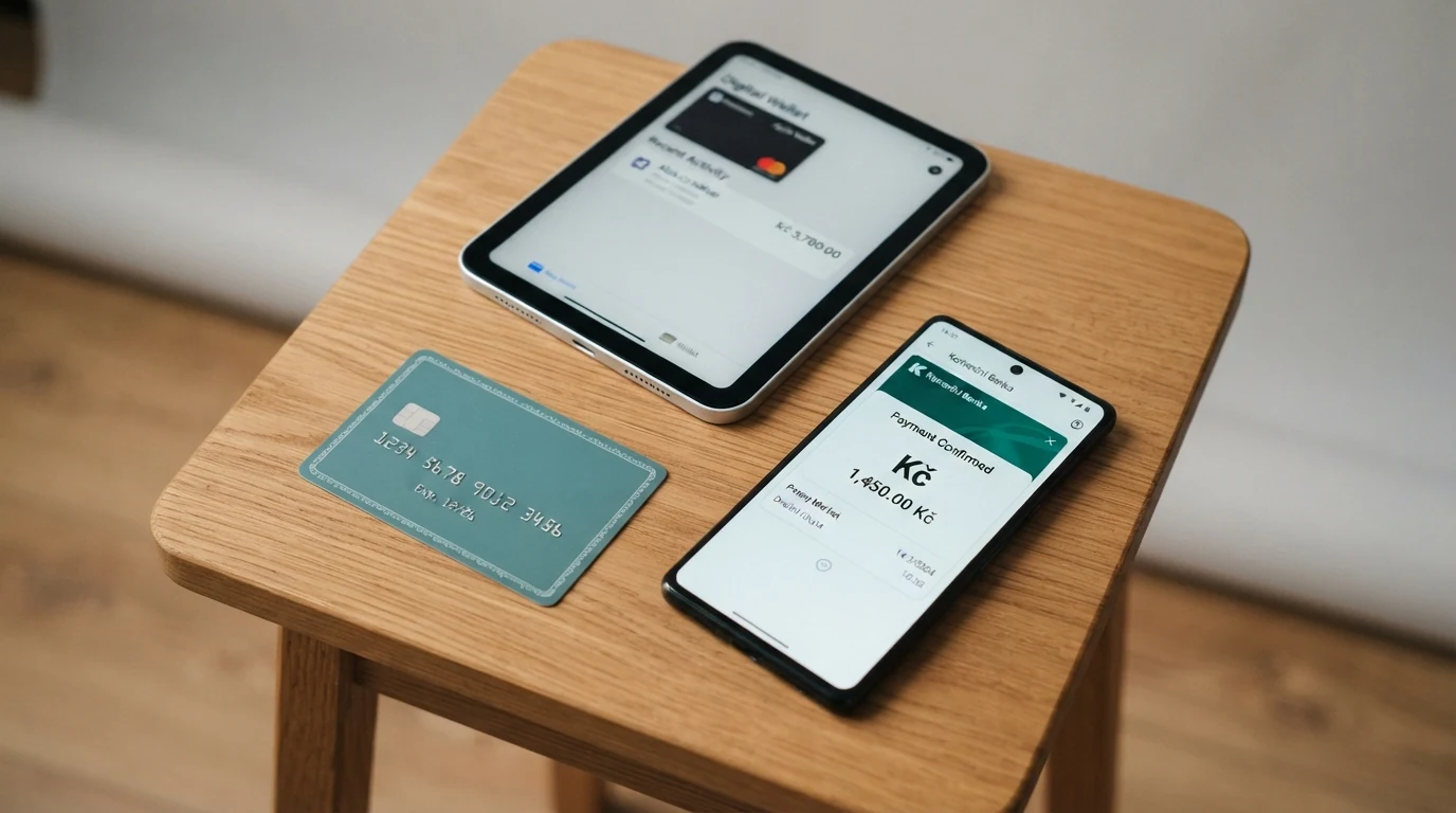 Sestava platebních metod – Paysafecard kupon, mobil s platební aplikací, e-peněženka na displeji