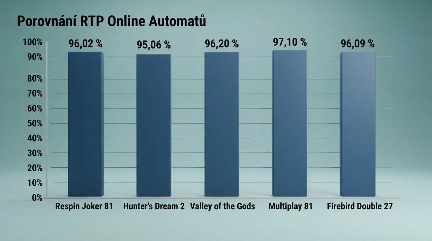 Srovnávací tabulka pěti automatů s názvem, RTP, výrobcem a volatilitou — seřazené podle návratnosti