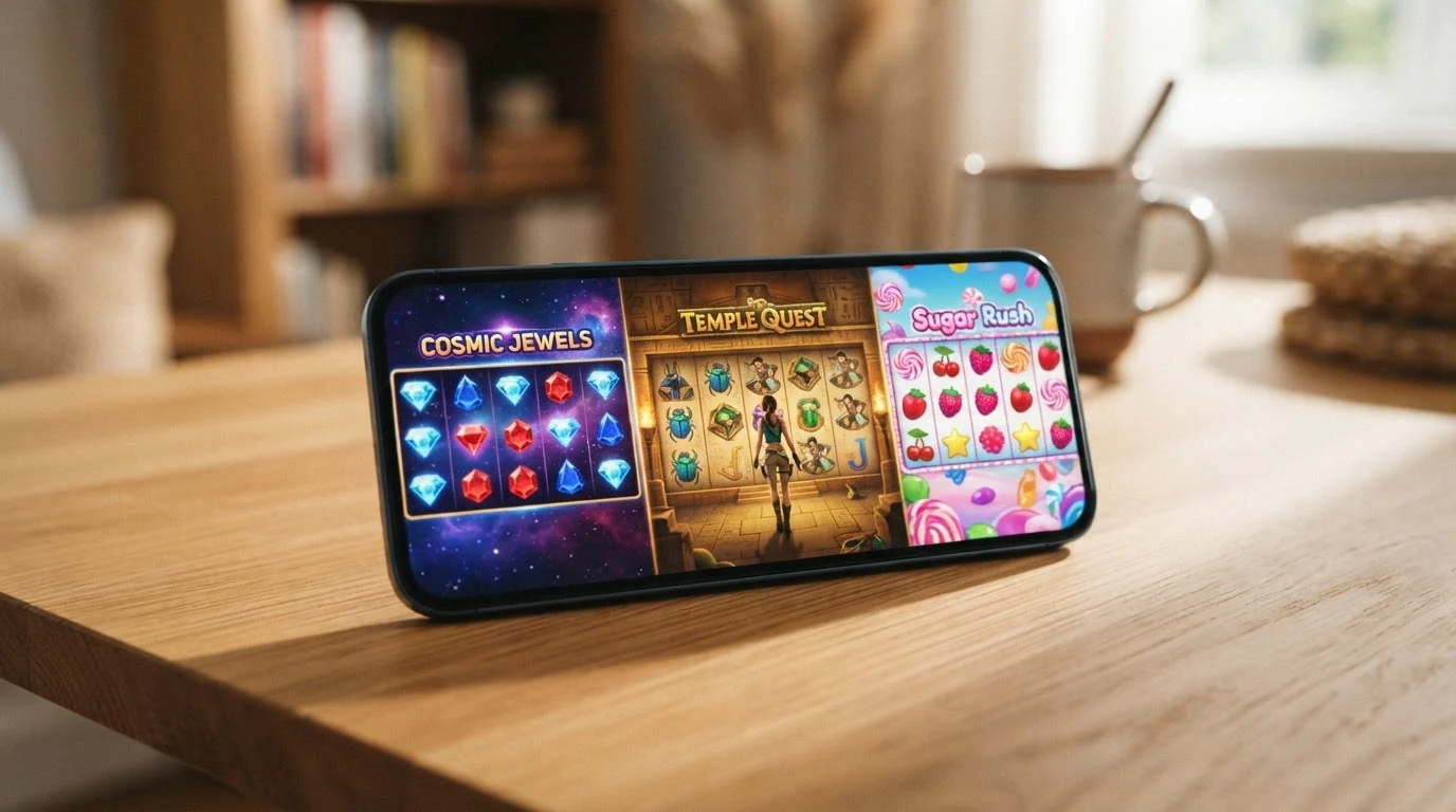 Koláž tří online automatů — Starburst, Book of Dead a Sweet Bonanza — na displeji mobilního telefonu s viditelnou hodnotou sázky 1–5 Kč