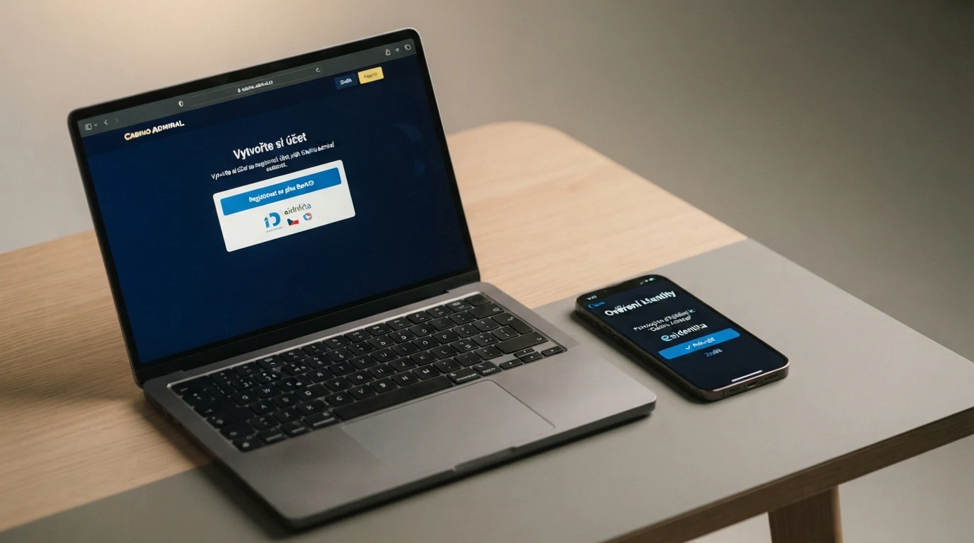 Proces registrace v českém online casinu — obrazovka s krokem ověření identity přes Bank ID, logo banky a mobilní telefon