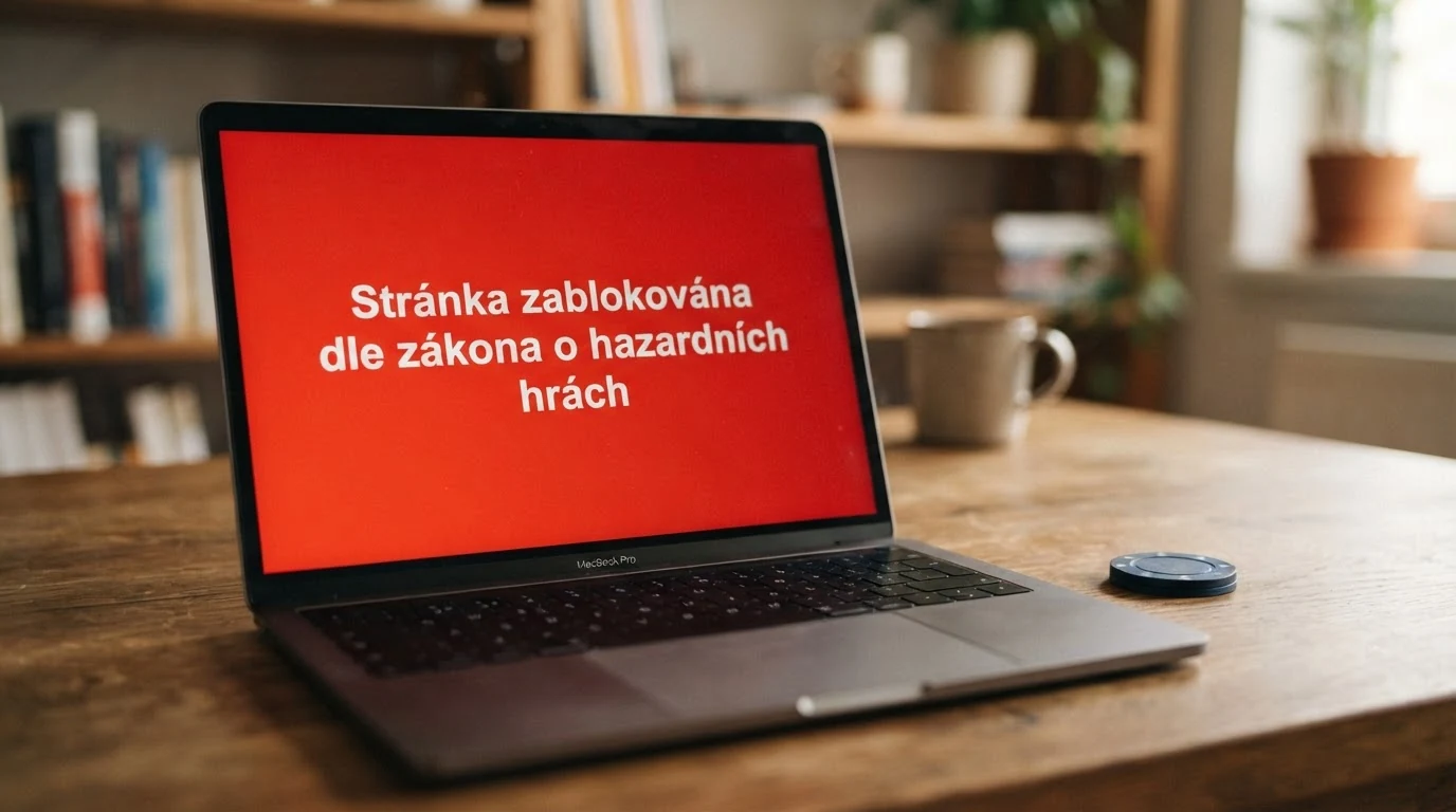 Výstražná obrazovka s nápisem Stránka zablokována dle zákona o hazardních hrách a logem MF ČR