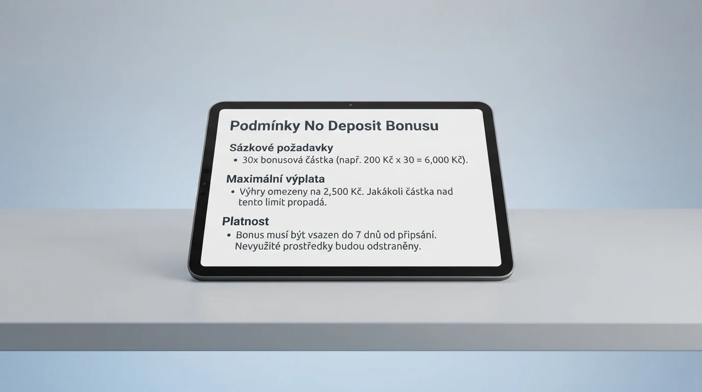 Výpis podmínek bonusu bez vkladu s vyznačenými sázkovými požadavky, maximální výplatou a datem platnosti