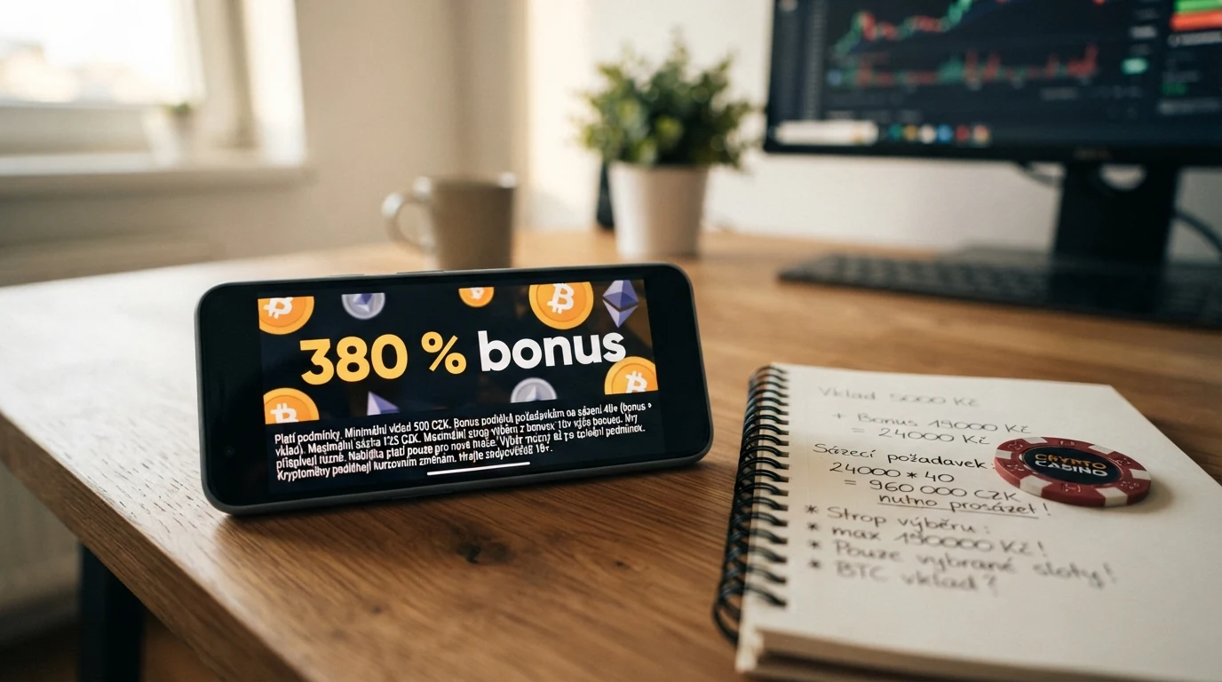 Propagační banner s nápisem „380 % bonus“ a pod ním drobným písmem podmínky wageringu