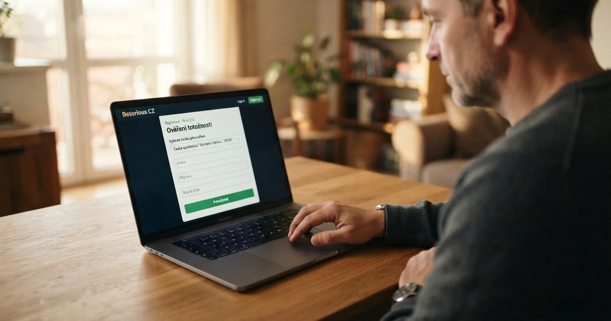 Hráč sedící u počítače, na obrazovce registrační formulář s logem Bank ID a nápisem „Ověření totožnosti“