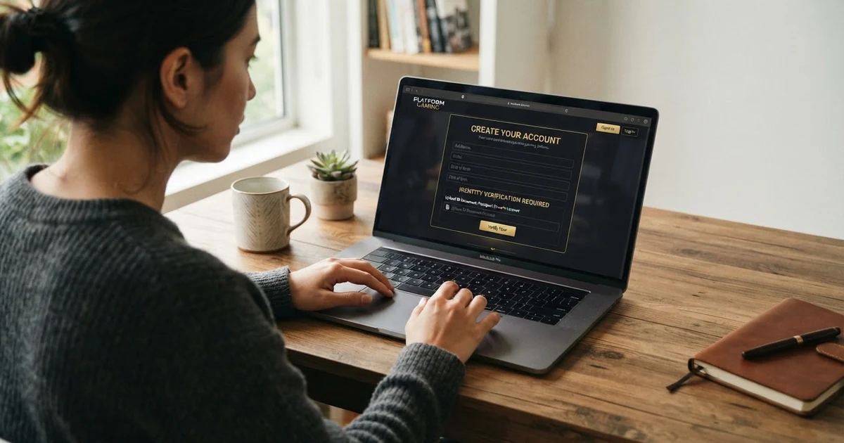 Hráč sedící u počítače, na obrazovce formulář registrace do online casina s výzvou k ověření totožnosti
