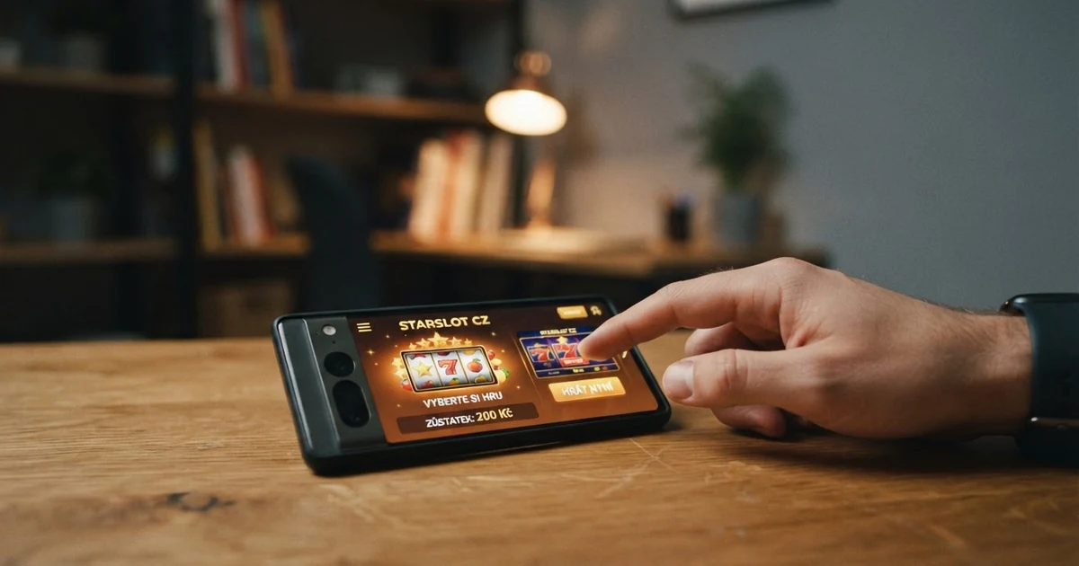 Hráč vybírající online casino na mobilním telefonu, na obrazovce částka 200 Kč