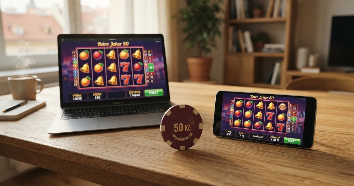 Online casino na obrazovce telefonu a notebooku, vedle česká padesátikorunová bankovka