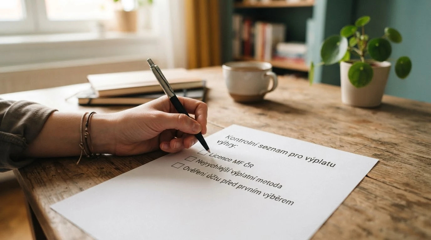 Tříbodový checklist s odškrtnutými položkami: licence MF ČR, nejrychlejší výplatní metoda, ověření účtu před prvním výběrem