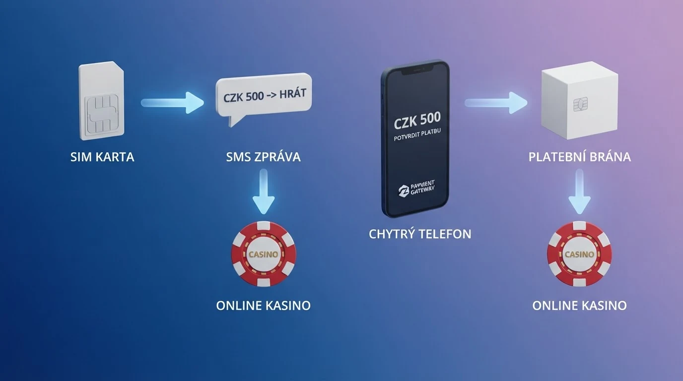 Schéma dvou tras SMS vkladu do online kasina: přímá M-platba přes Vodafone a zprostředkovaná trasa přes NeteraPay