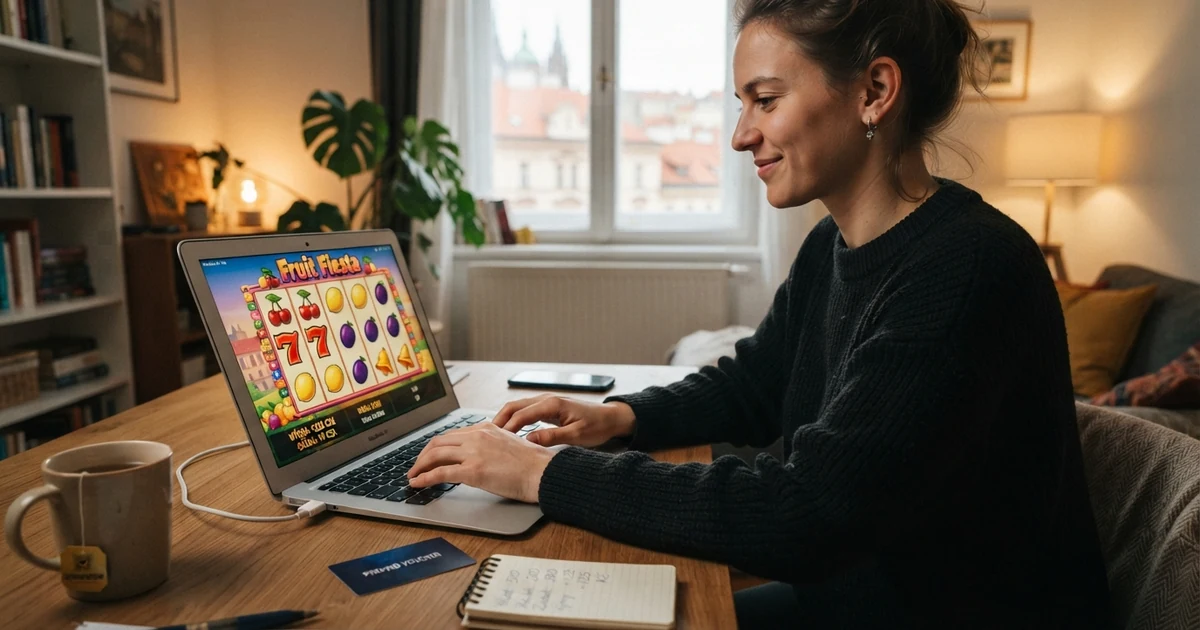 Hráč u notebooku s otevřeným online automatem, na displeji viditelný Paysafecard PIN kód a české koruny