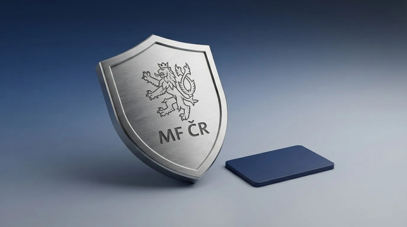 Znak Ministerstva financí ČR a symbol bezpečnostního certifikátu vedle displeje s online kasinem