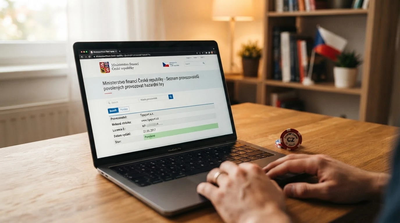 Výřez z veřejného Seznamu legálních provozovatelů hazardních her na webu Ministerstva financí ČR s vyznačeným polem platné licence