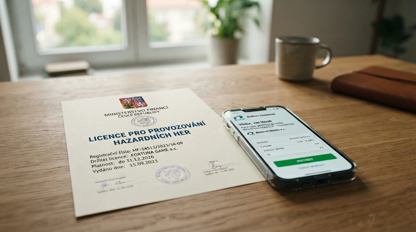 Úřední dokument s logem Ministerstva financí ČR a razítkem, vedle něj mobil s obrazovkou ověření identity přes BankID