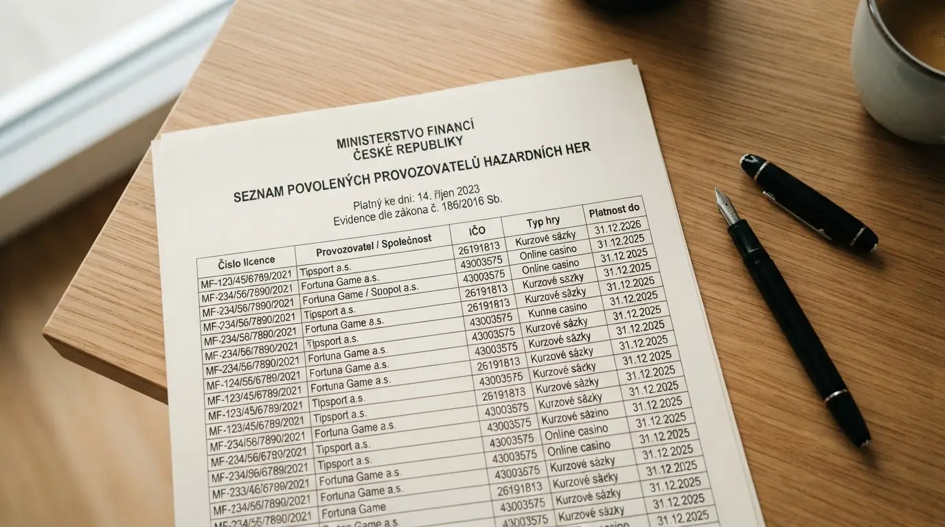 Úřední výpis ze Seznamu legálních provozovatelů MF ČR s logem ministerstva