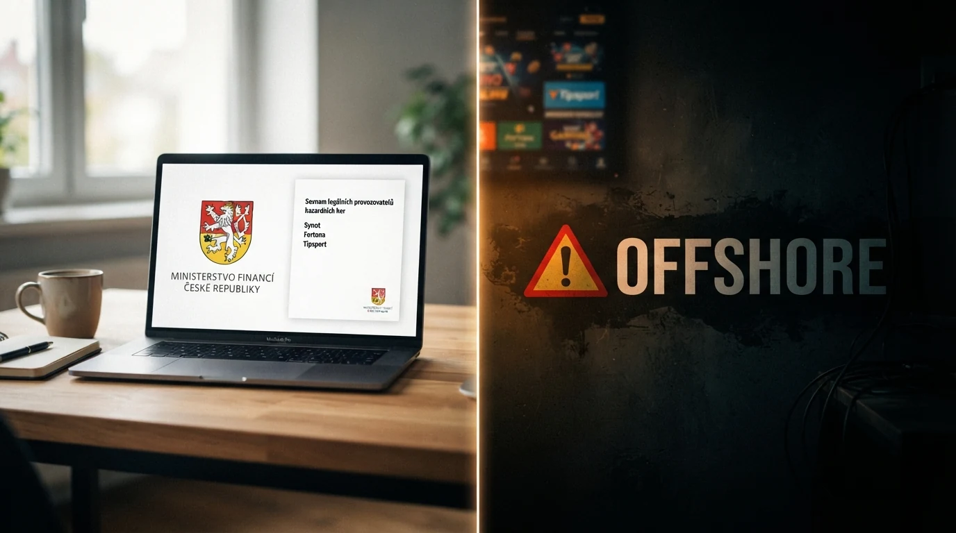 Kontrastní snímek – vlevo logo MF ČR a česká licence, vpravo varovný symbol a nápis offshore