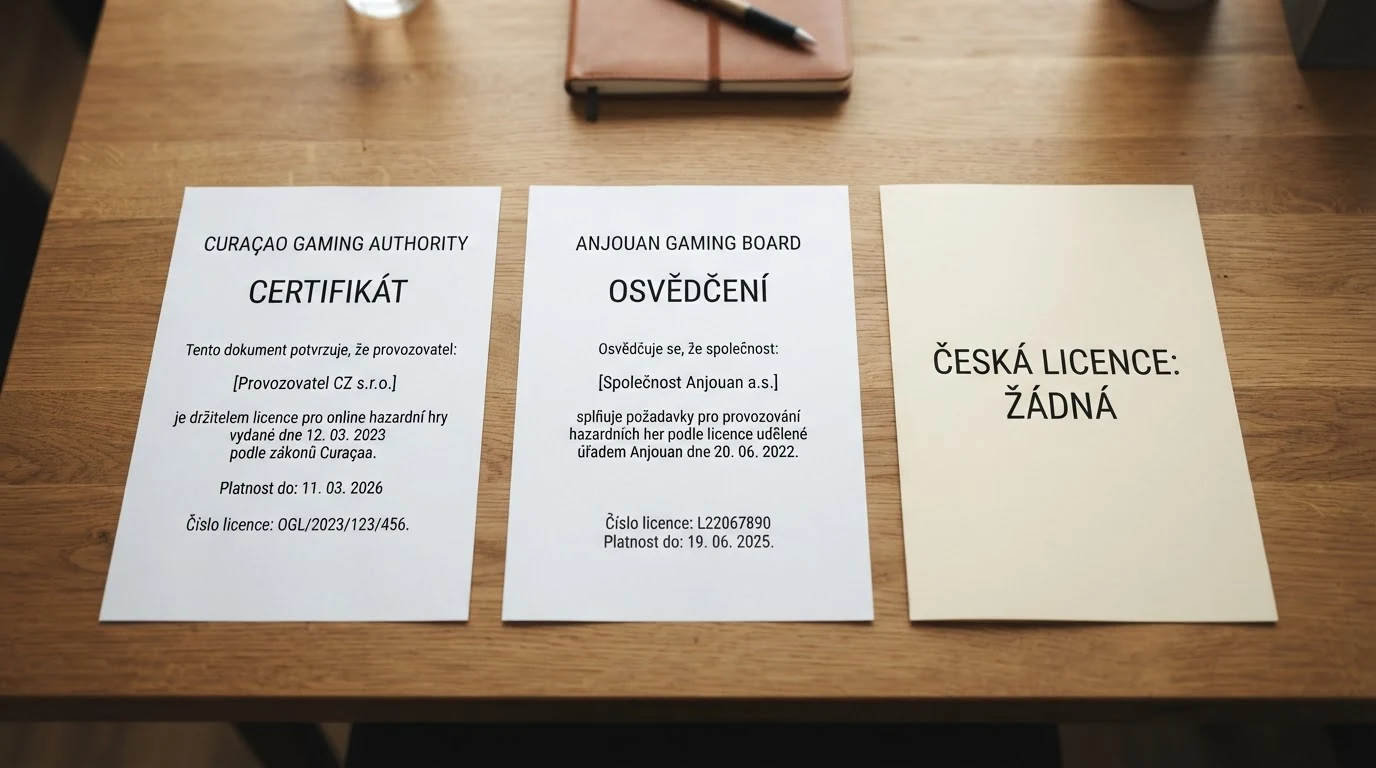 Srovnání dvou licenčních certifikátů — Curaçao Gaming Authority a Anjouan Gaming Board — vedle prázdného místa s nápisem „Česká licence: žádná“