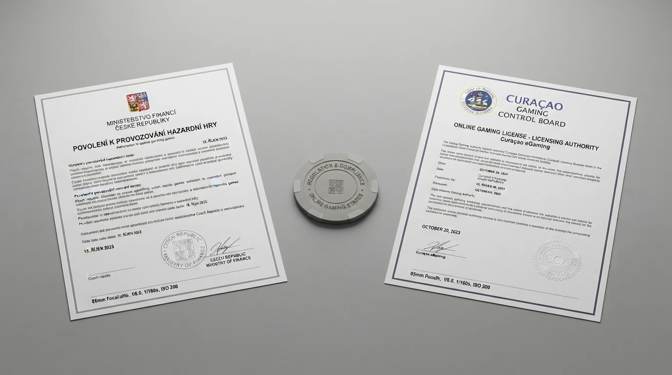 Výřez z úředního dokumentu – razítko MF ČR vedle Curaçao licence, kontrast dvou regulačních světů
