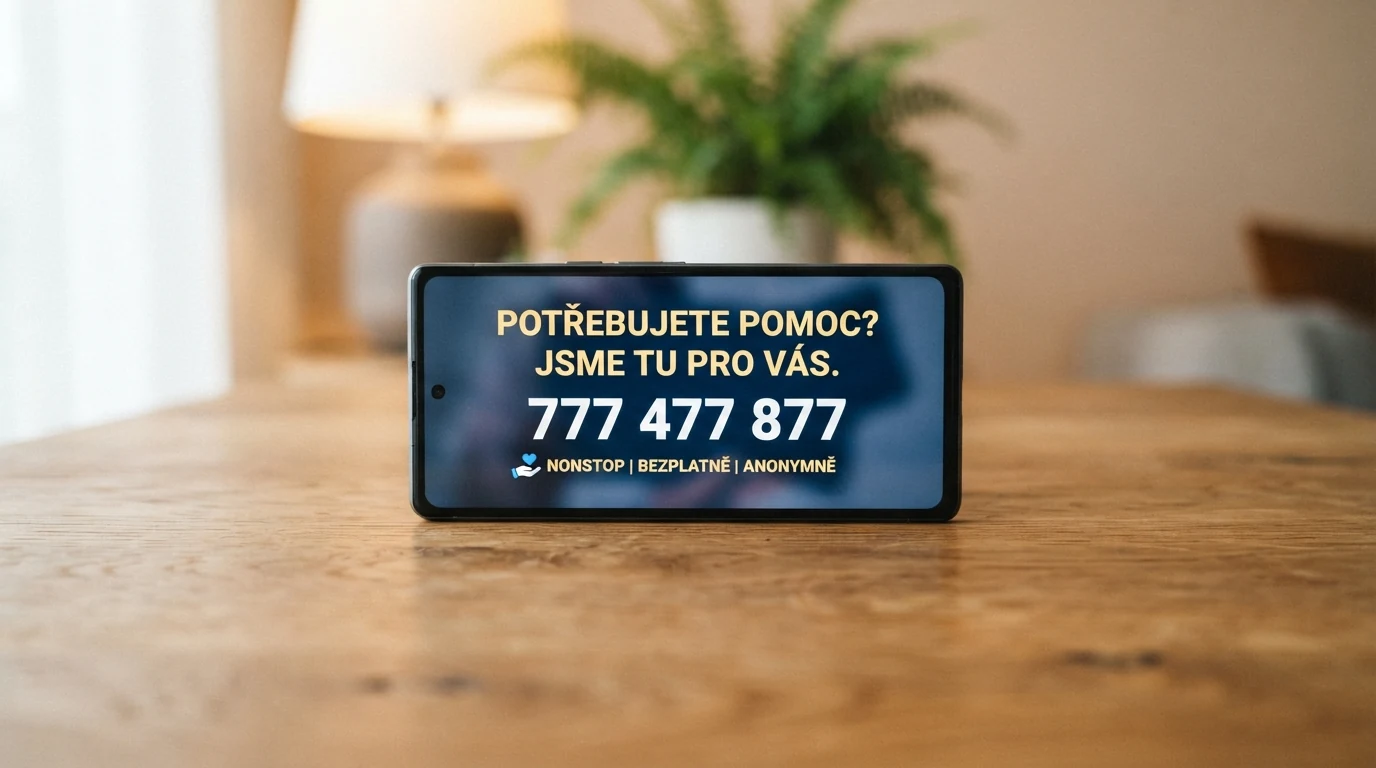 Displej mobilního telefonu s číslem linky pomoci 777 477 877 vedle loga zodpovědného hraní 18+