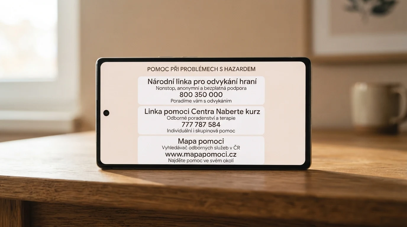 Seznam kontaktů linek pomoci pro hráče na obrazovce telefonu
