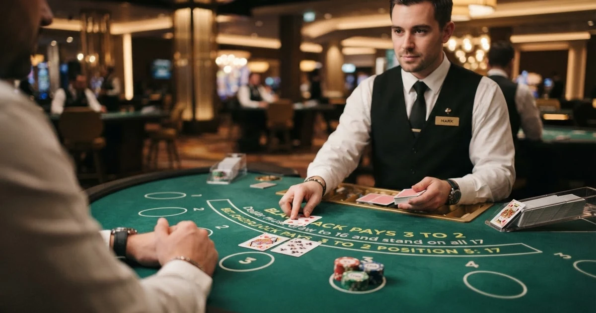 Živý stůl blackjacku s krupiérem, hracími kartami a barevnými sázkovými žetony
