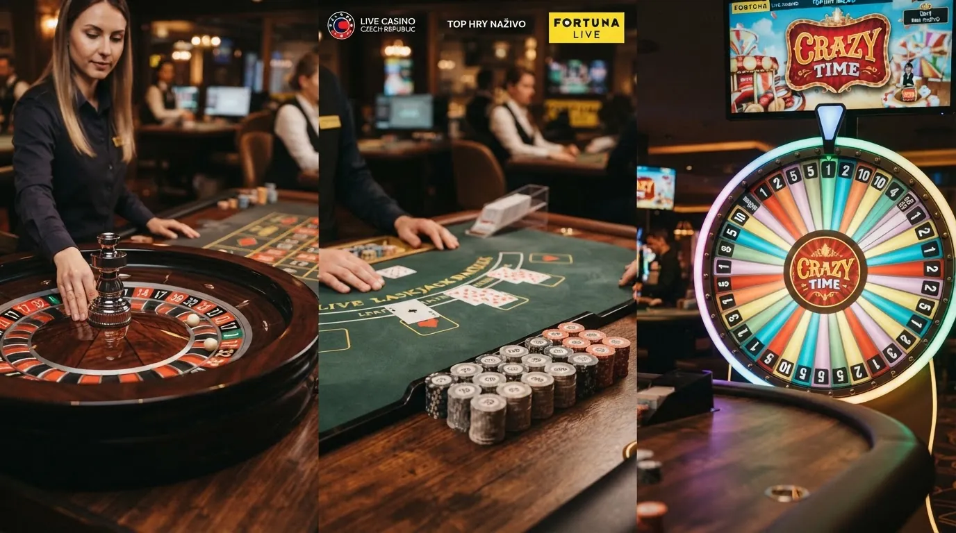 Koláž živých her — ruletové kolo, blackjackový stůl a game show kolo Crazy Time vedle sebe