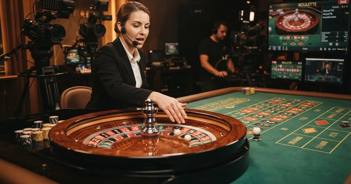 Krupiér u živého ruletového stolu vkládá kuličku do roztočeného kola, v pozadí je vidět studio s kamerami a monitory