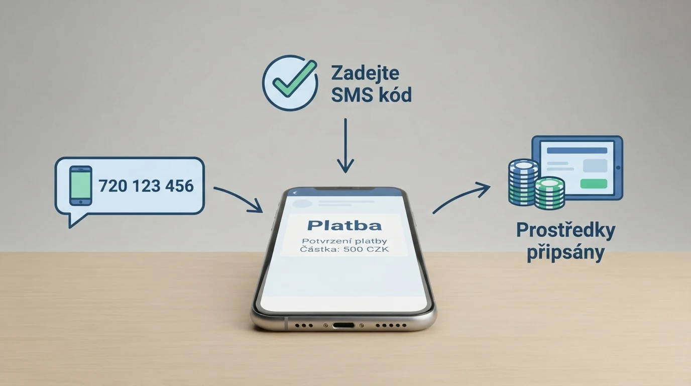 Schéma průběhu M-platby: mobilní telefon → odeslání prémiové SMS na číslo 90211 → potvrzení platby → kredit na herním kontě