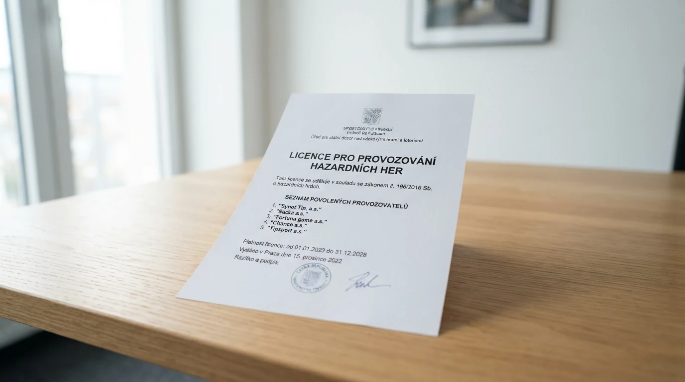 Úřední dokument s logem Ministerstva financí České republiky a razítkem na pozadí hazardní licence