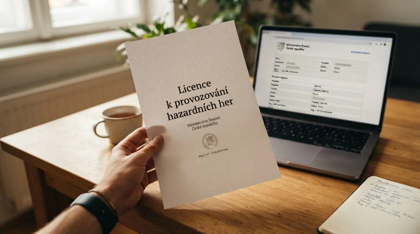 Úřední dokument s logem Ministerstva financí ČR a razítkem licence k provozování hazardních her