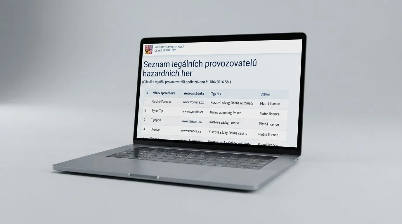 Obrazovka s výřezem oficiálního seznamu legálních provozovatelů hazardních her vedeného Ministerstvem financí ČR