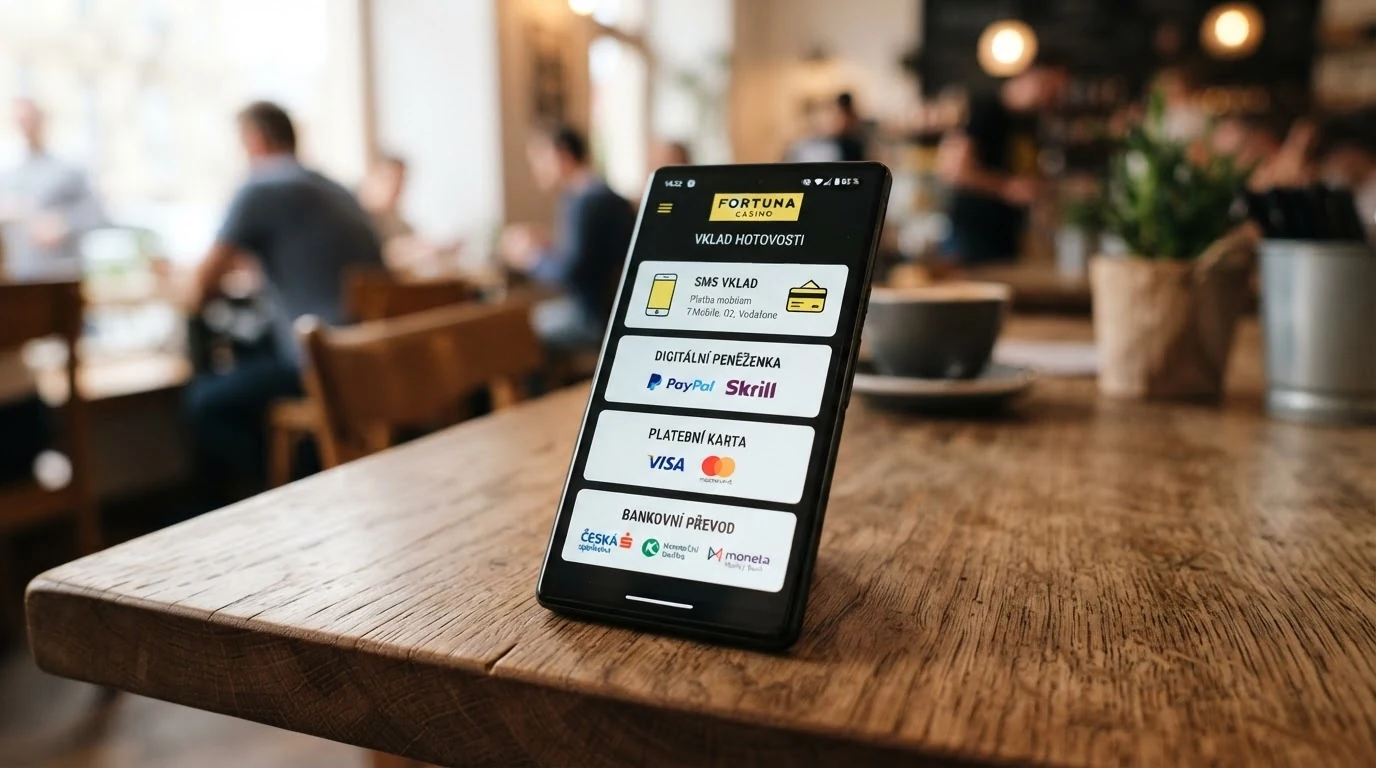Mobilní telefon zobrazující výběr platebních metod v kasinu — ikony pro SMS vklad, Google Pay, Skrill, platební kartu a bankovní převod