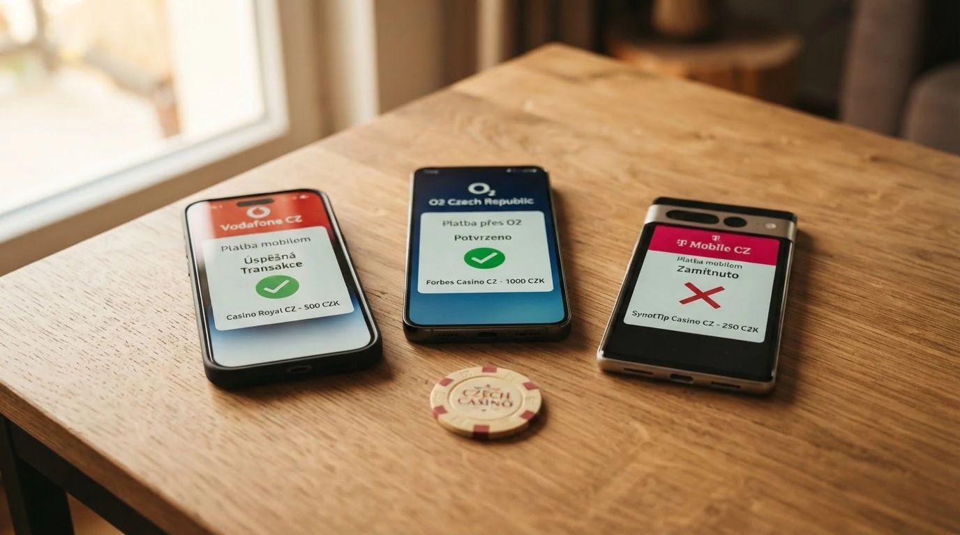 Tři loga mobilních operátorů — Vodafone a O2 s ikonou potvrzení, T‑Mobile s ikonou zamítnutí