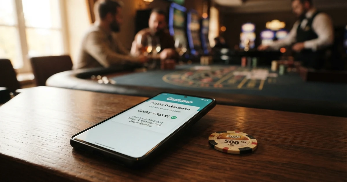 Mobilní telefon zobrazující potvrzovací obrazovku platby Google Pay na pozadí online casina s českou licencí