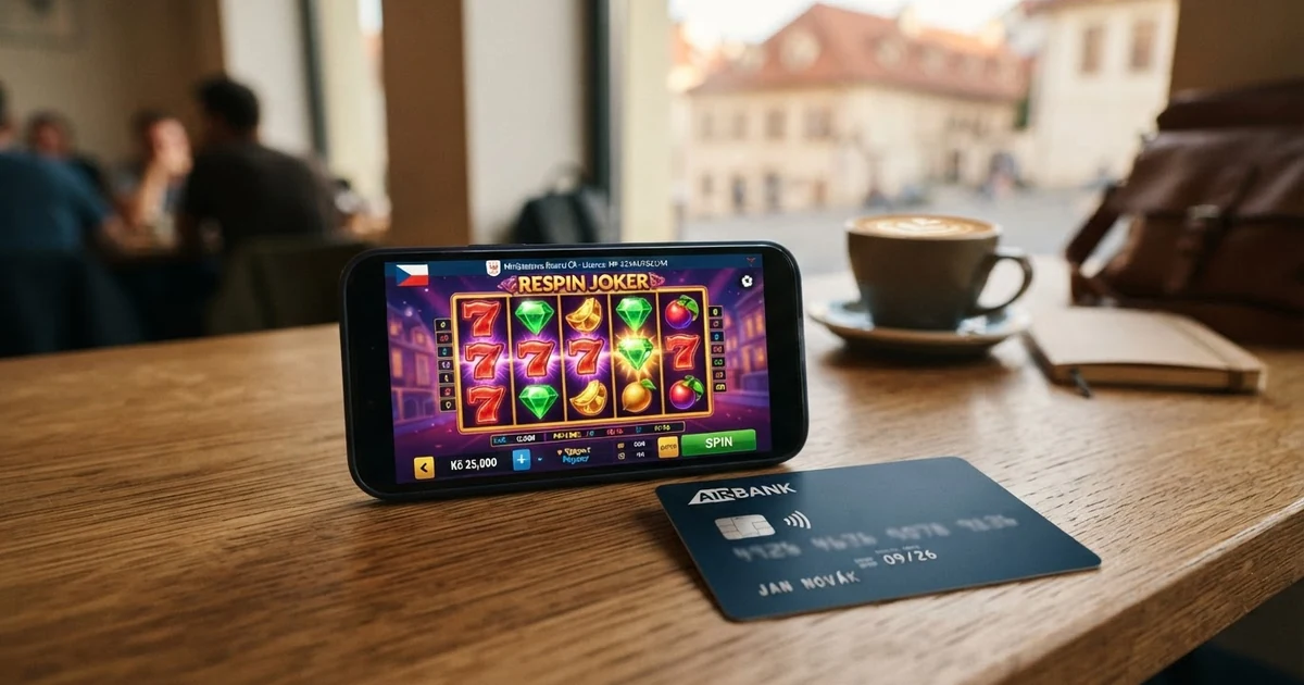 Chytrý telefon a platební karta Mastercard položené na stole, na displeji telefonu je zobrazeno online casino s českou licencí