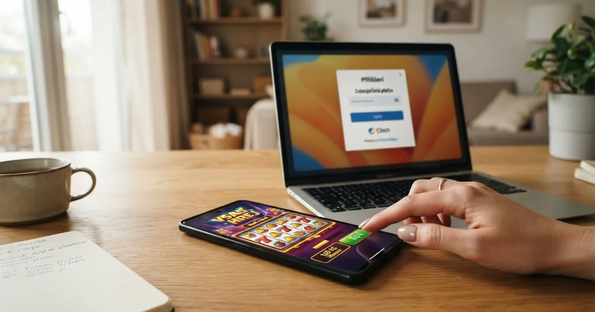Přihlašovací obrazovka Neteller účtu na monitoru notebooku, vedle něj mobil s kasinem