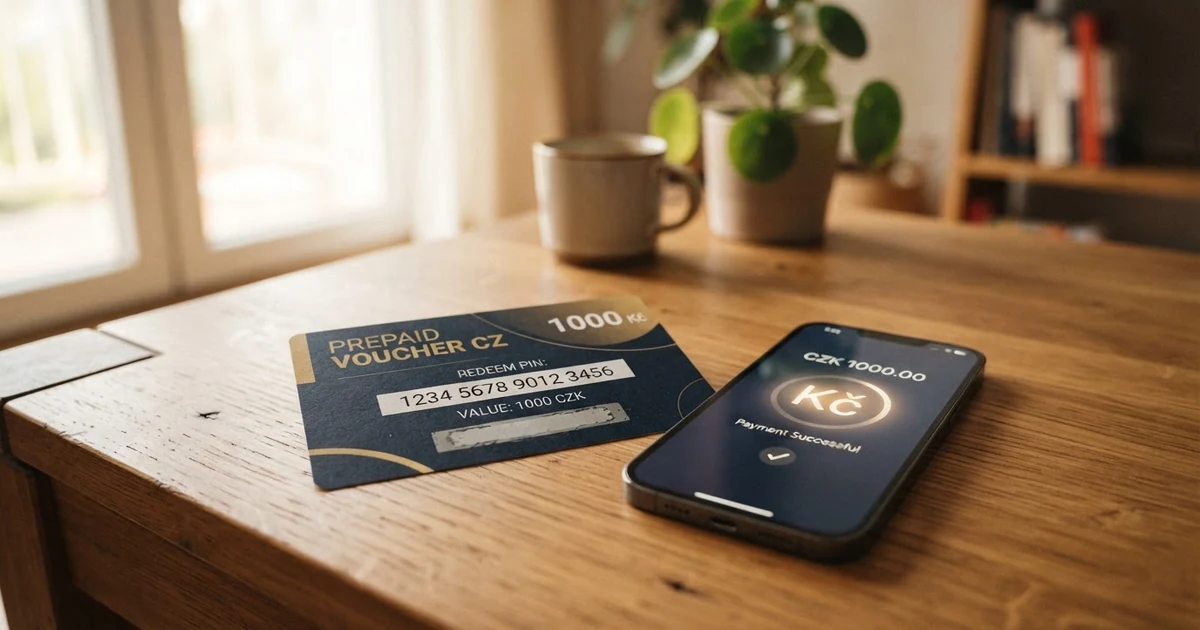 Předplacený kupón Paysafecard s 16místným PIN kódem vedle mobilního telefonu