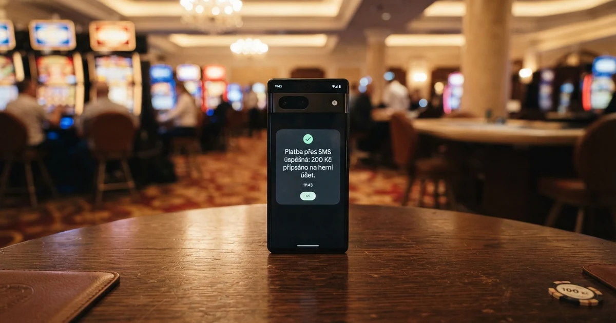 Mobilní telefon s displejem zobrazujícím potvrzení SMS platby do online casina, v pozadí casino lobby