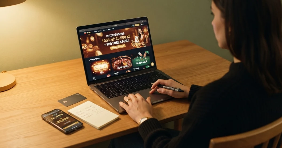 Hráč u obrazovky počítače si prohlíží nabídku uvítacího bonusu v online casinu, na obrazovce jsou vidět zvýrazněné podmínky protočení