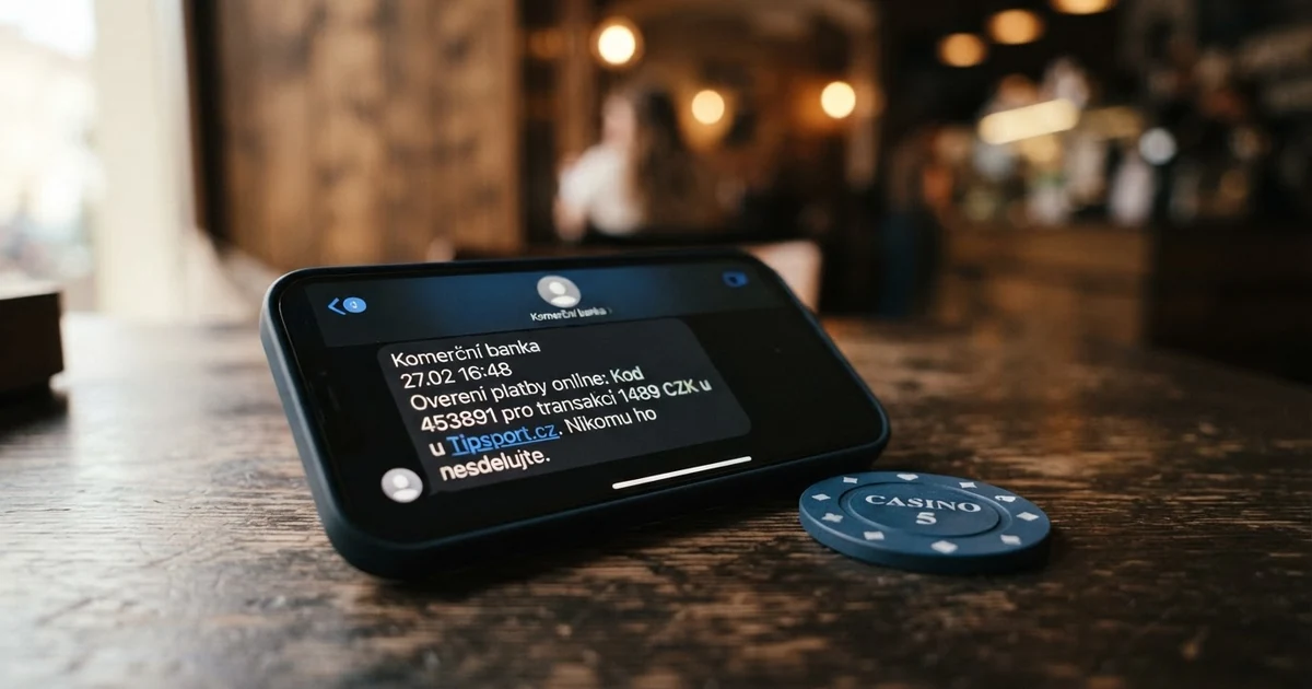 Mobilní telefon zobrazující potvrzovací SMS kód na displeji, vedle něj leží platební karta jako symbol alternativní platební metody