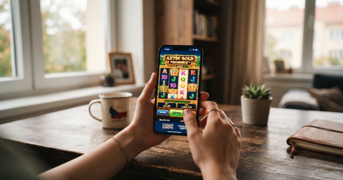 Hráč s mobilem v ruce sleduje automaty zahraničního online casina na obrazovce