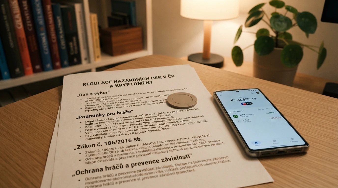 Úřední dokument s razítkem vedle bitcoinové peněženky na displeji
