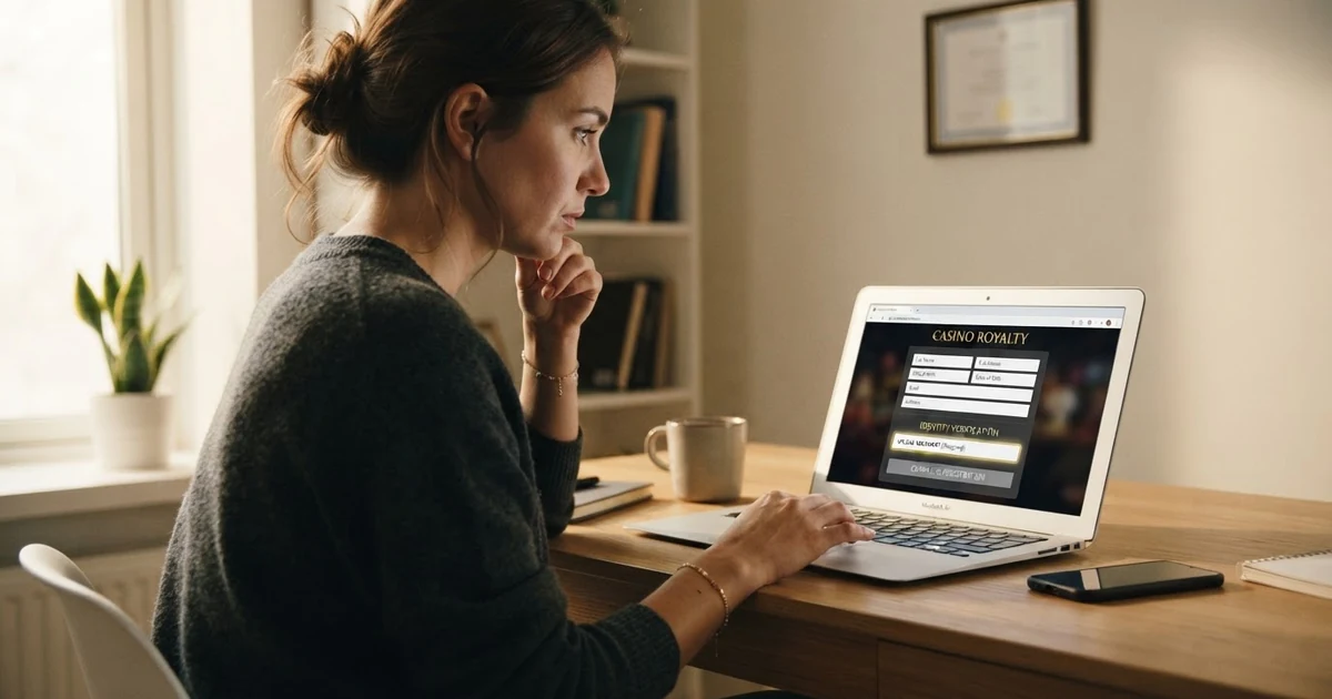 Hráč u notebooku prohlíží registrační formulář online kasina, pole pro nahrání dokladu totožnosti je prázdné