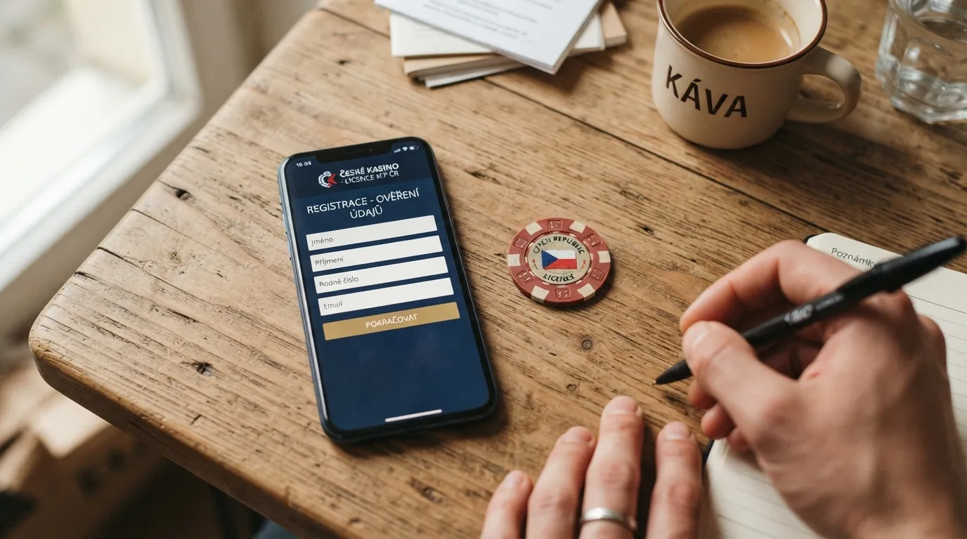 Občanský průkaz a mobilní telefon vedle registračního formuláře online casina — ověření totožnosti krok za krokem.