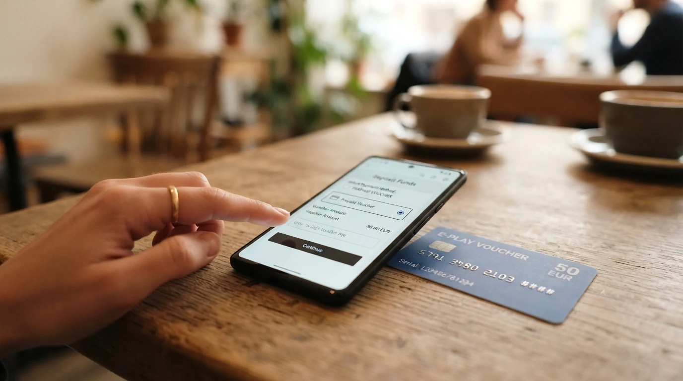Platební kupon Paysafecard a mobilní telefon s otevřenou stránkou casino pokladny