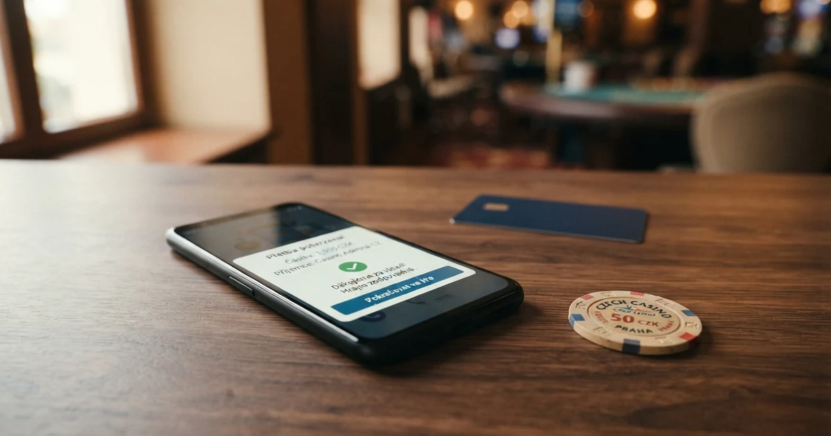 Mobilní telefon zobrazující logo NeteraPay a potvrzovací dialog platby, v pozadí karta a ikona online casina