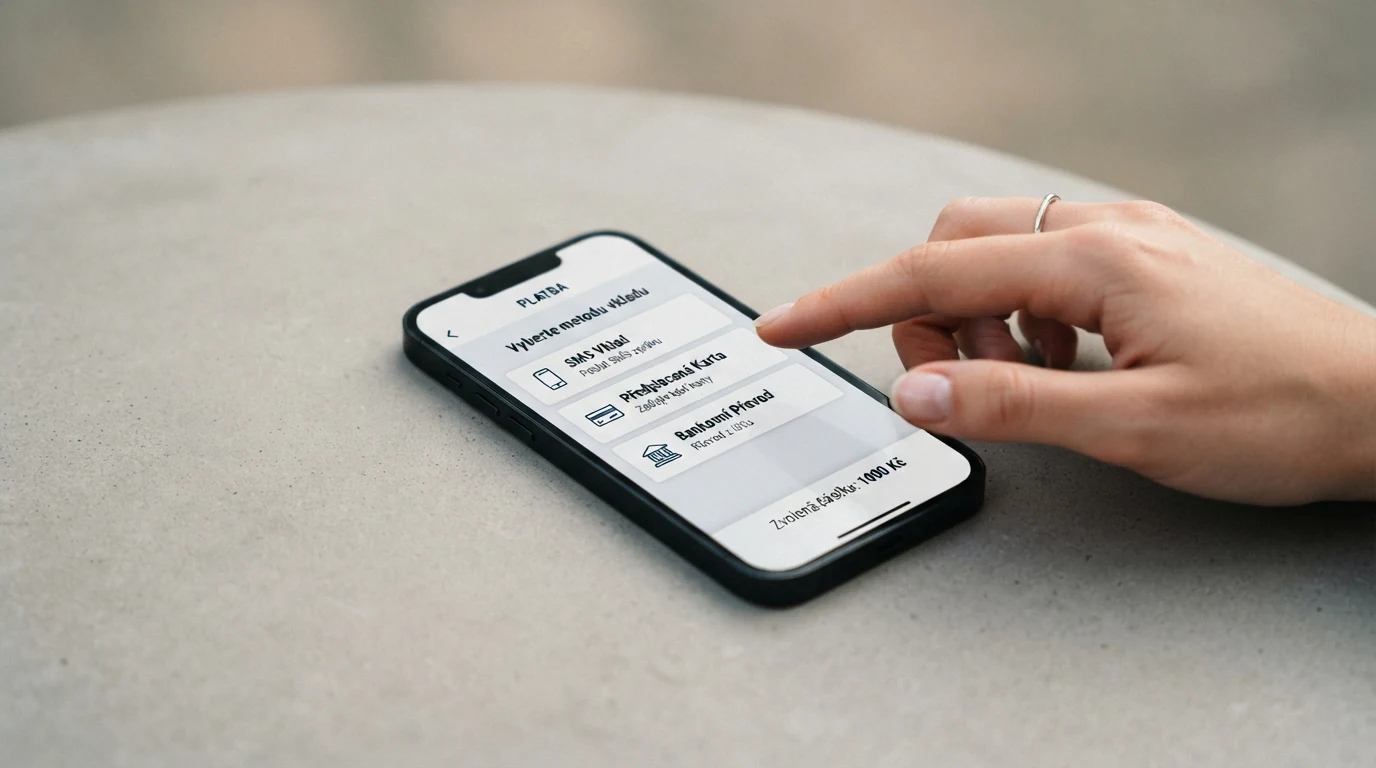 Mobilní telefon zobrazující platební bránu online kasina s možnostmi vkladu přes SMS, Paysafecard a bankovní převod
