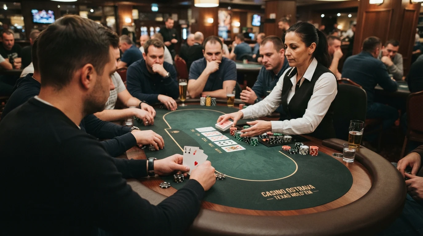 Hráči u pokerového stolu v kamenném kasinu — karty, žetony a krupiér při živé hře