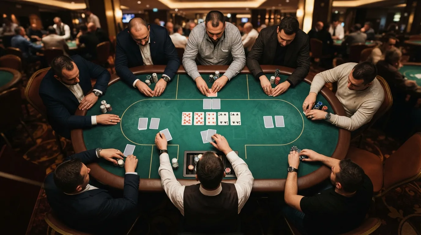 Detail pokerového stolu s krupiérem, žetony a kartami v ruce hráče