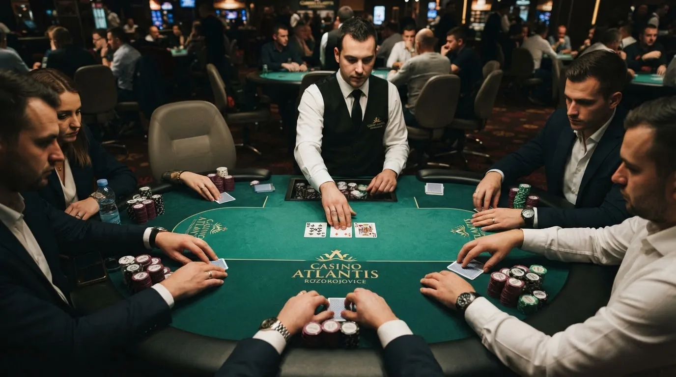 Pokerový stůl během turnaje — krupiér, žetony a karty v brněnském casinu